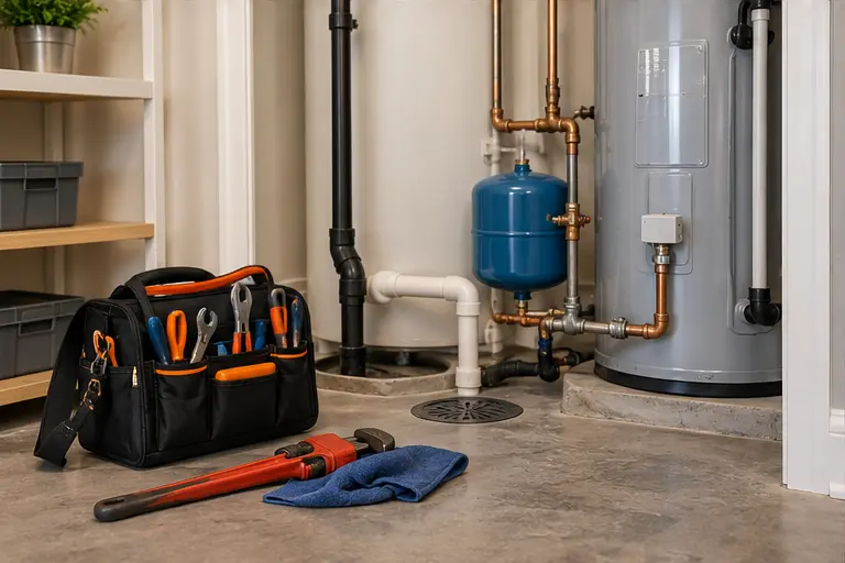 Organized home utility area and plumbing tools representing homeowner service information