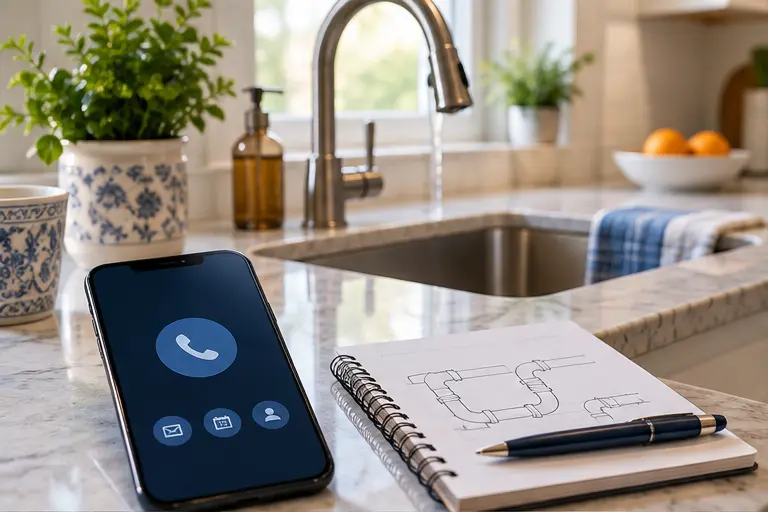 Smartphone and plumbing notes beside a clean residential kitchen sink