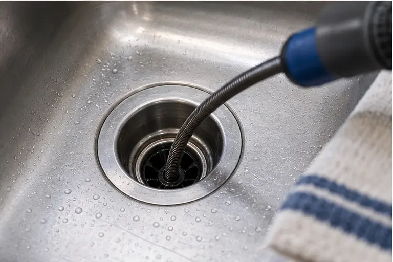 Drain-cleaning tool being used in a clean residential kitchen sink