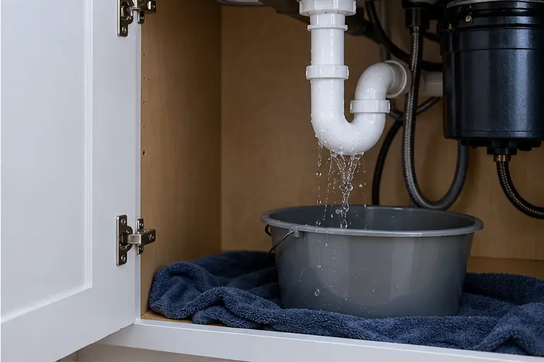 Under-sink plumbing leak contained with a bucket in a residential kitchen