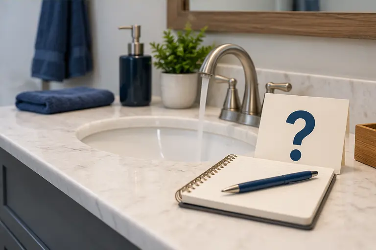 Homeowner plumbing FAQ scene with a bathroom sink and question card