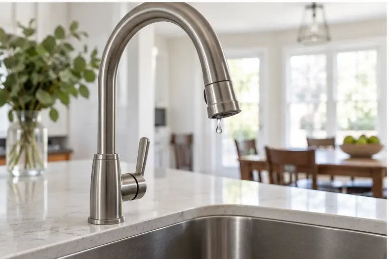 Modern residential kitchen faucet above a clean sink