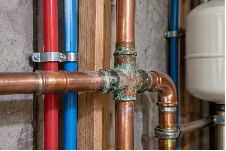 Residential copper and PEX plumbing pipes with a corroded connection