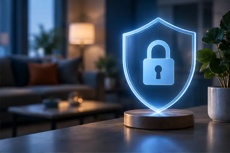 Abstract blue privacy shield and lock in a calm home setting