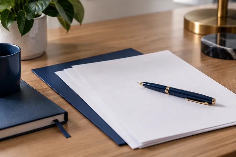 Clean neutral documents and pen representing website terms and conditions