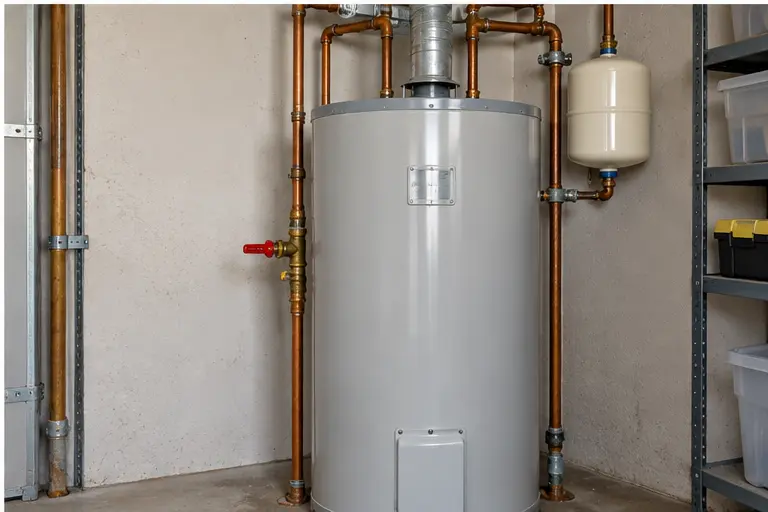 Residential tank water heater and plumbing connections in a clean utility room
