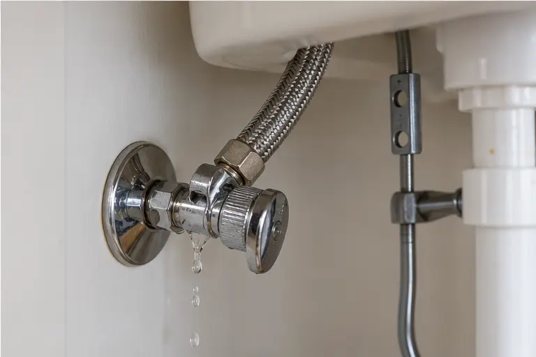 Small water leak at an under-sink household supply connection